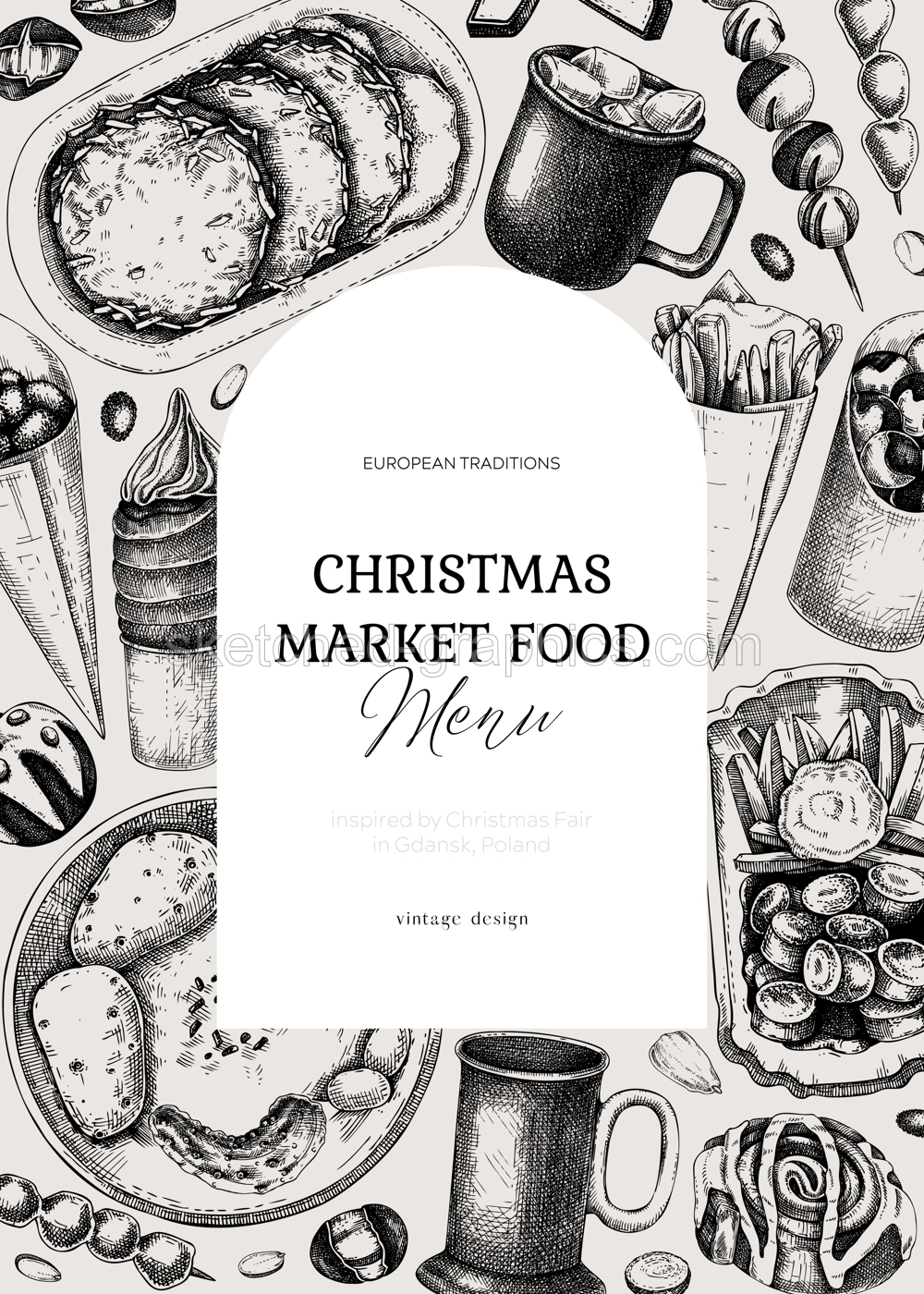 Street food and drink menu design. Christmas market food -  pastries, sweets, grilled meat, raclette, hot drinks fast food sketches. Hand-drawn vector illustration. Christmas invitation card Illustration